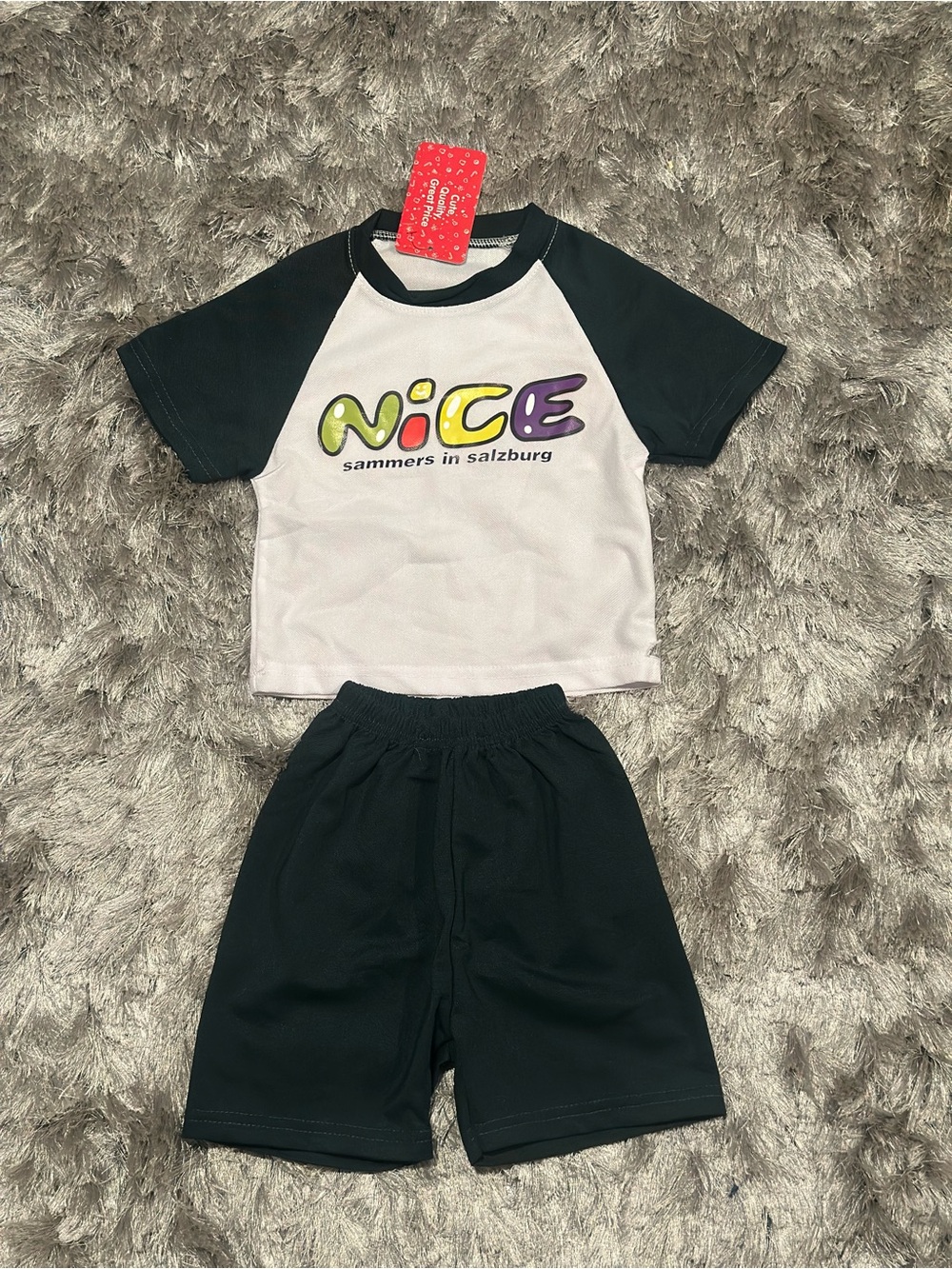 Kids "Nice" Logo Raglan Tee in White & Black - Sammers